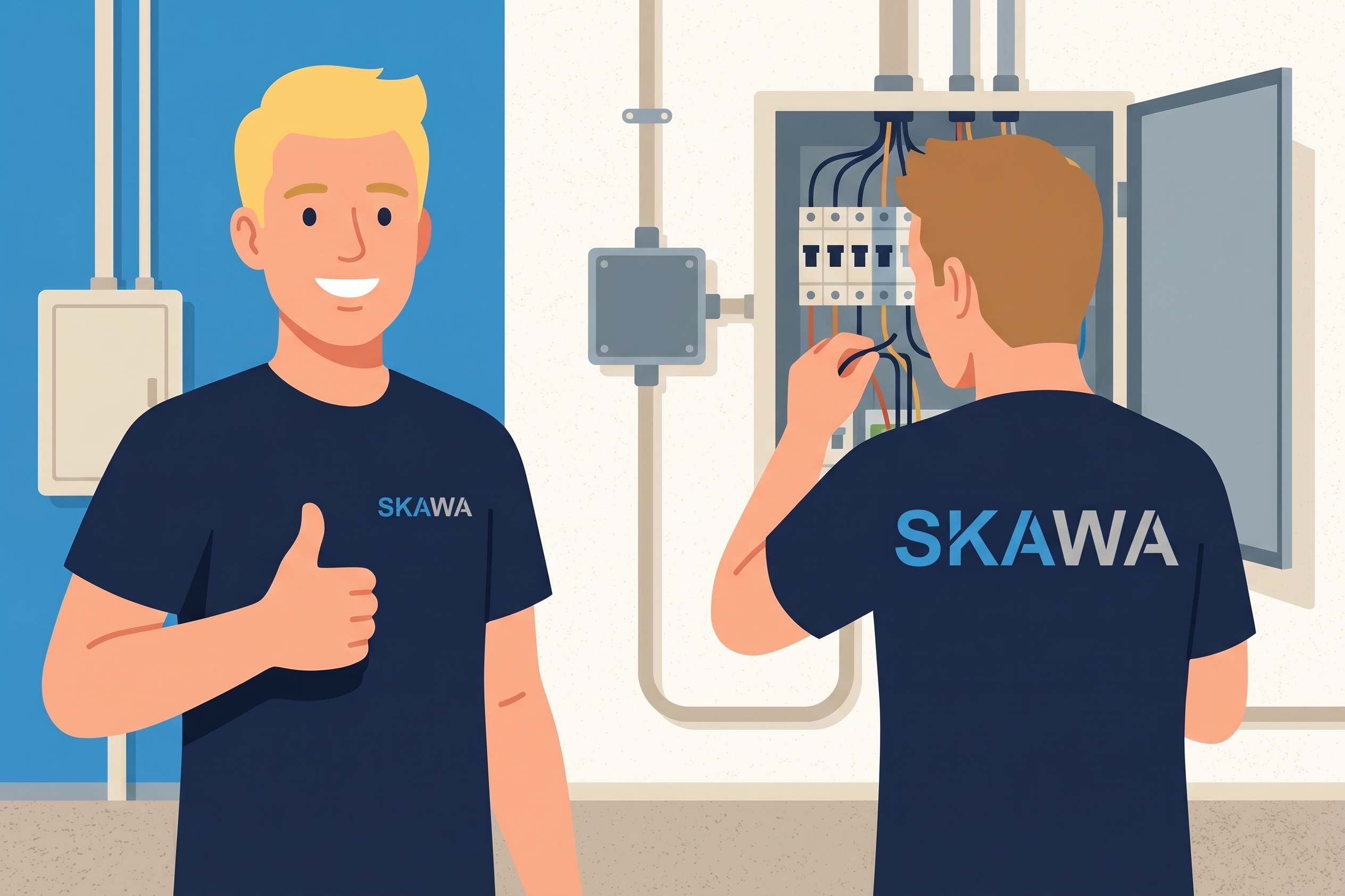 Zwei SKAWA Elektriker am Sicherungskasten; Illustration von Fachleuten bei einer professionellen Elektroinstallation.