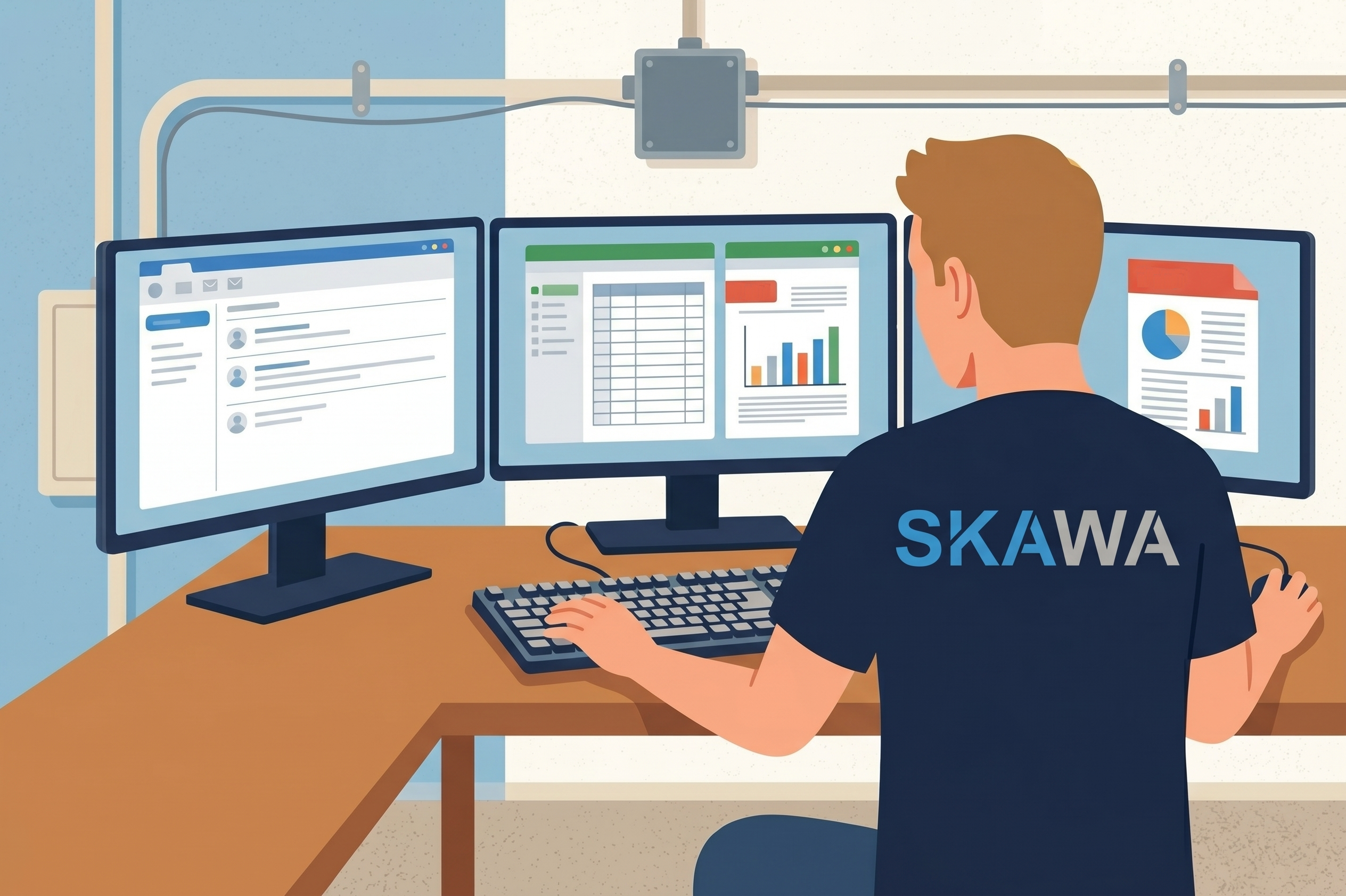 SKAWA Experte am PC mit drei Monitoren; Illustration zu Datenanalyse, Software und technischem Projektmanagement.