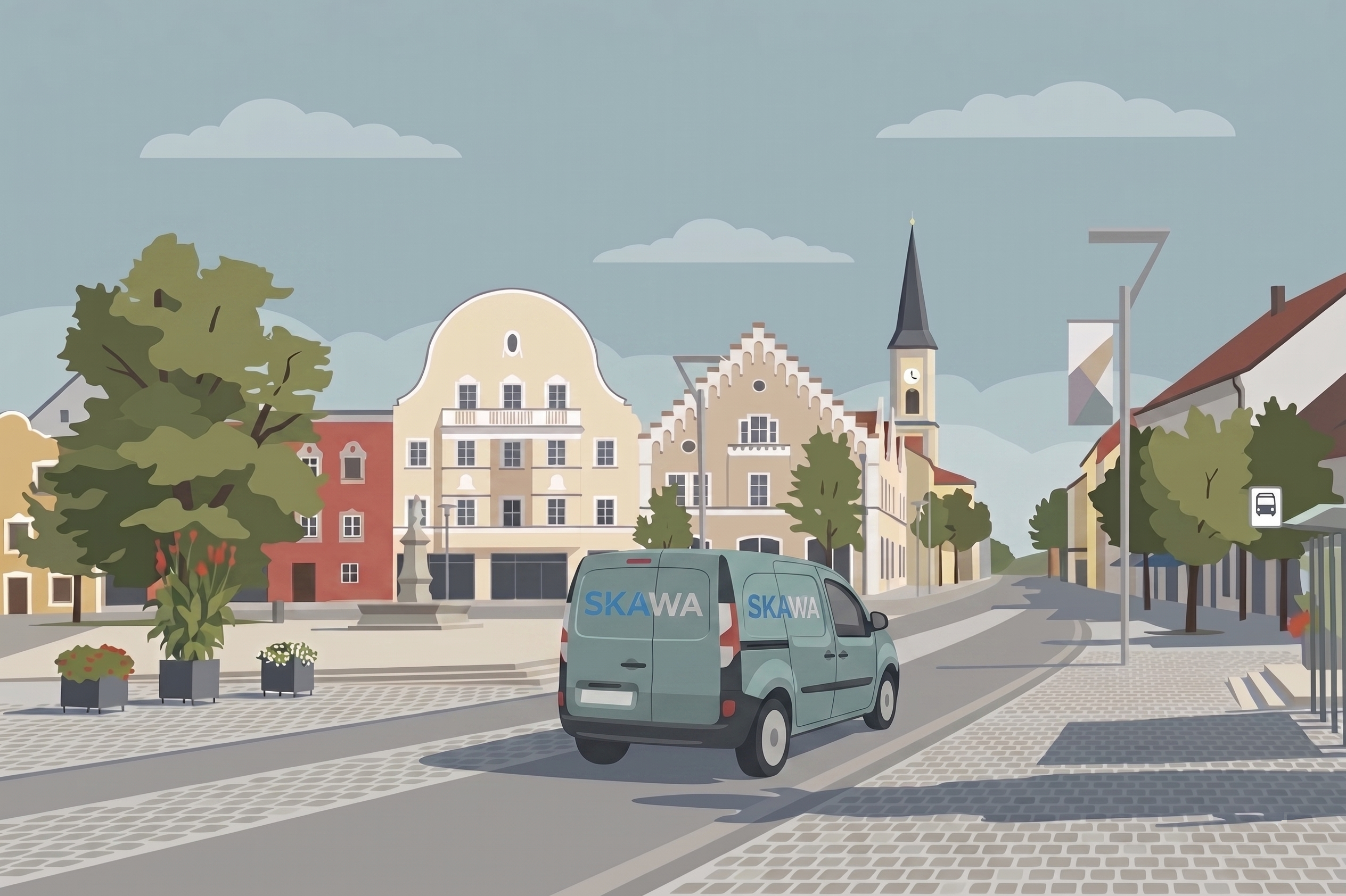 Transporter mit SKAWA-Logo fährt über den historischen Stadtplatz von Osterhofen, Firmensitz in Niederbayern.